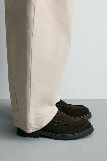 Zara LEATHER TRACK PENNY LOAFERS - Brown - Image 0