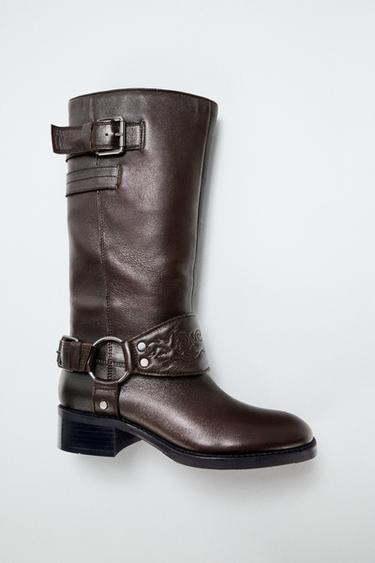 LEATHER FLAT EMBROIDERED BOOTS - Brown by Zara