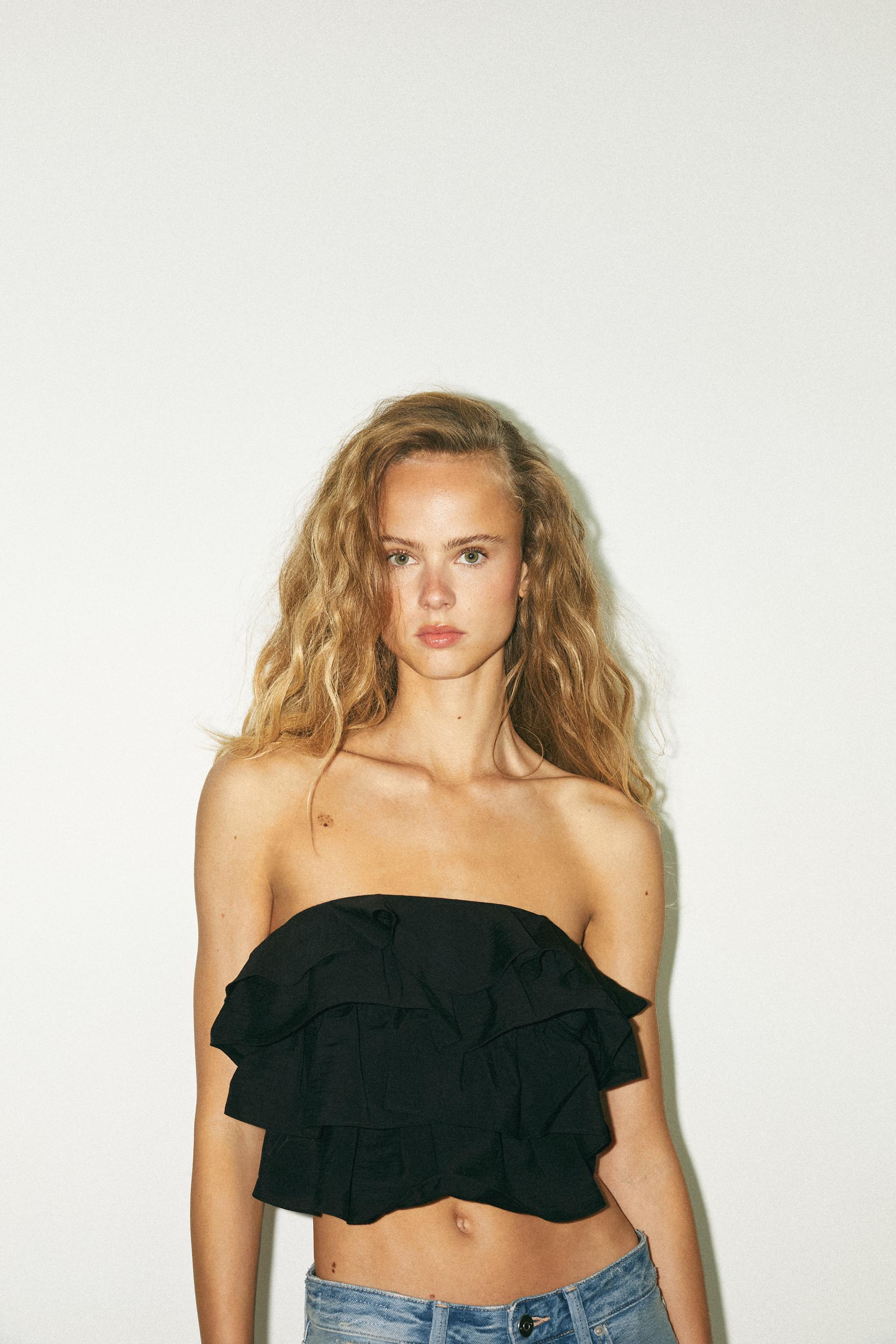 ZARA - ZARA ザラ リボン ストラップレス タフタ トップス Sの