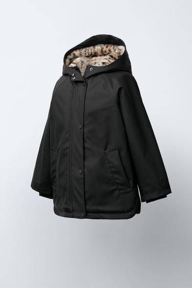 WATER-REPELLENT COATED JACKET WITH FAUX FUR ANIMAL PRINT - Black by Zara - Image 1