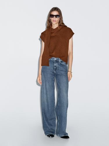 Veste sans manches en maille à col en V et écharpe - Vison chiné de Zara
