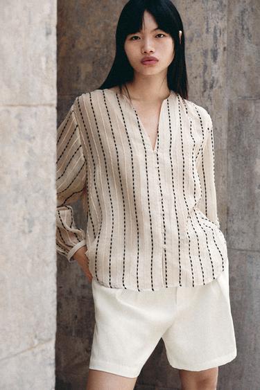 Zara 薄透條紋刺繡罩衫 - 裸色 / 黑色