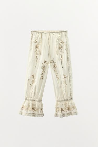 TROUSERS WITH EMBROIDERED RUFFLES AND BEADS - Ecru by Zara - Image 0