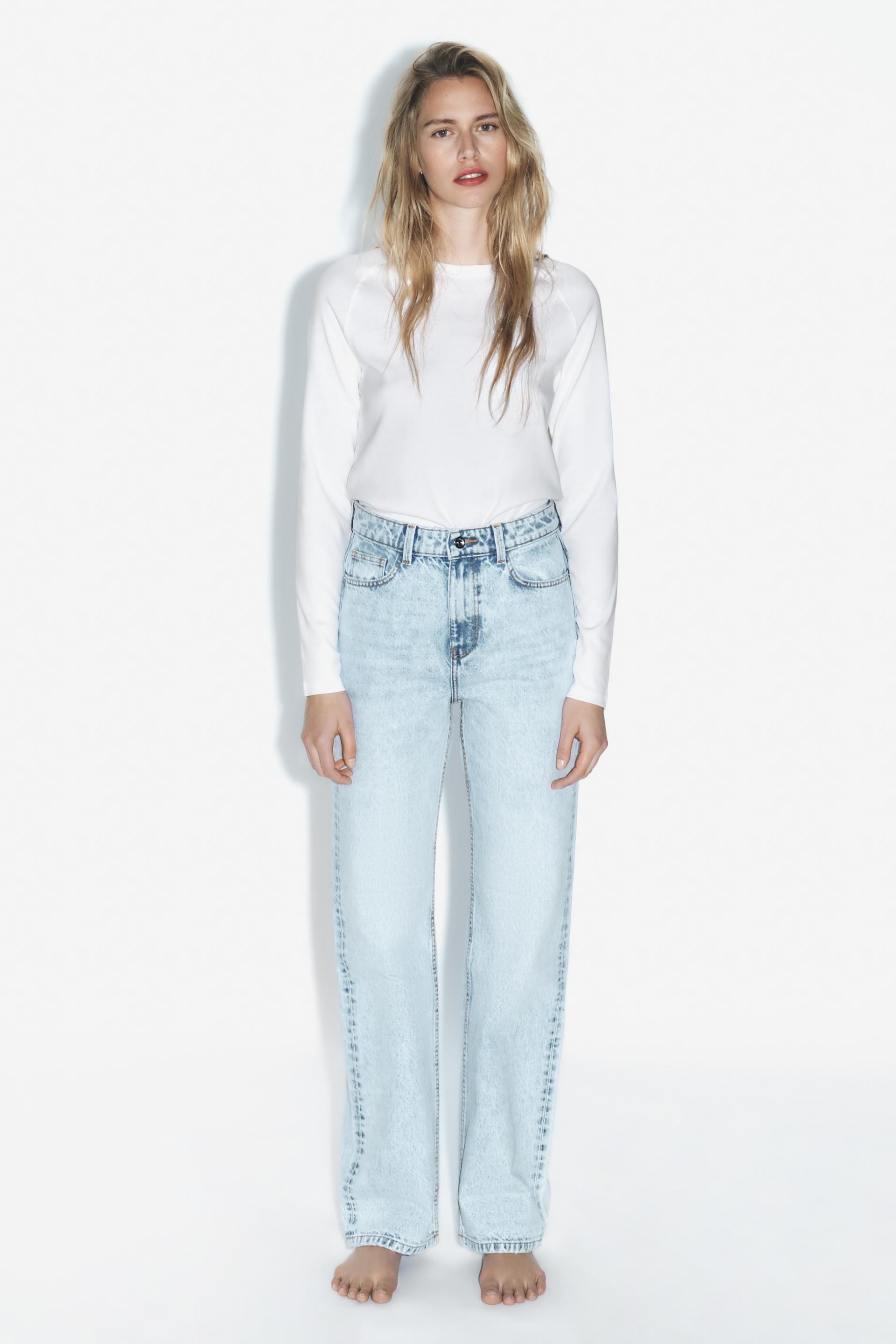 ZARA NEW WOMAN FULL LENGTH RIPPED JEANS High-waisted Wide Leg MID BLUE Size  0
