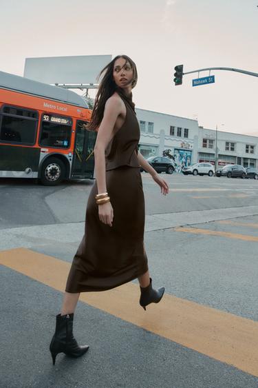 JUPE MI-LONGUE SATINÉE - Marron de Zara - Image 2