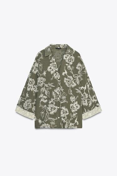CAMISA BORDADOS MANGAS GUIPUR - crudo/kaki de Zara