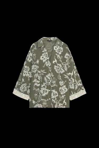 EMBROIDERED SHIRT WITH GUIPURE SLEEVES - ecru/khaki by Zara - Image 0