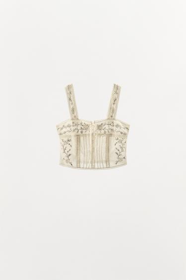 TOP BRODERIES FLEURS PERLES FANTAISIE - Blanc cassé de Zara - Image 4