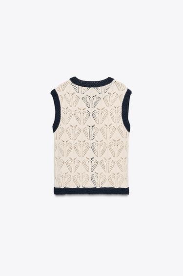 TOP GILET EN MAILLE POINTELLE - Écru / Bleu marine de Zara - Image 5