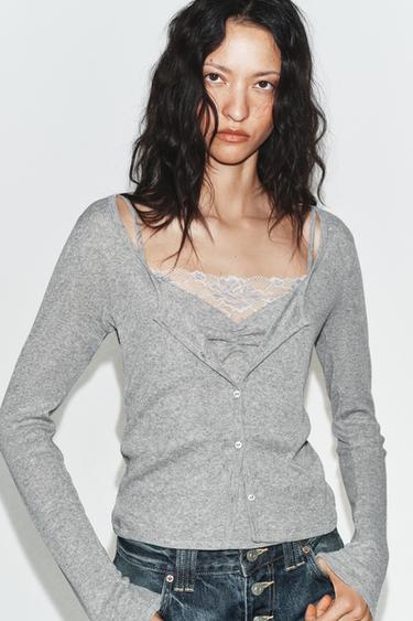 CHAQUETA COMBINADA TOP ENCAJE - Gris vigoré de Zara