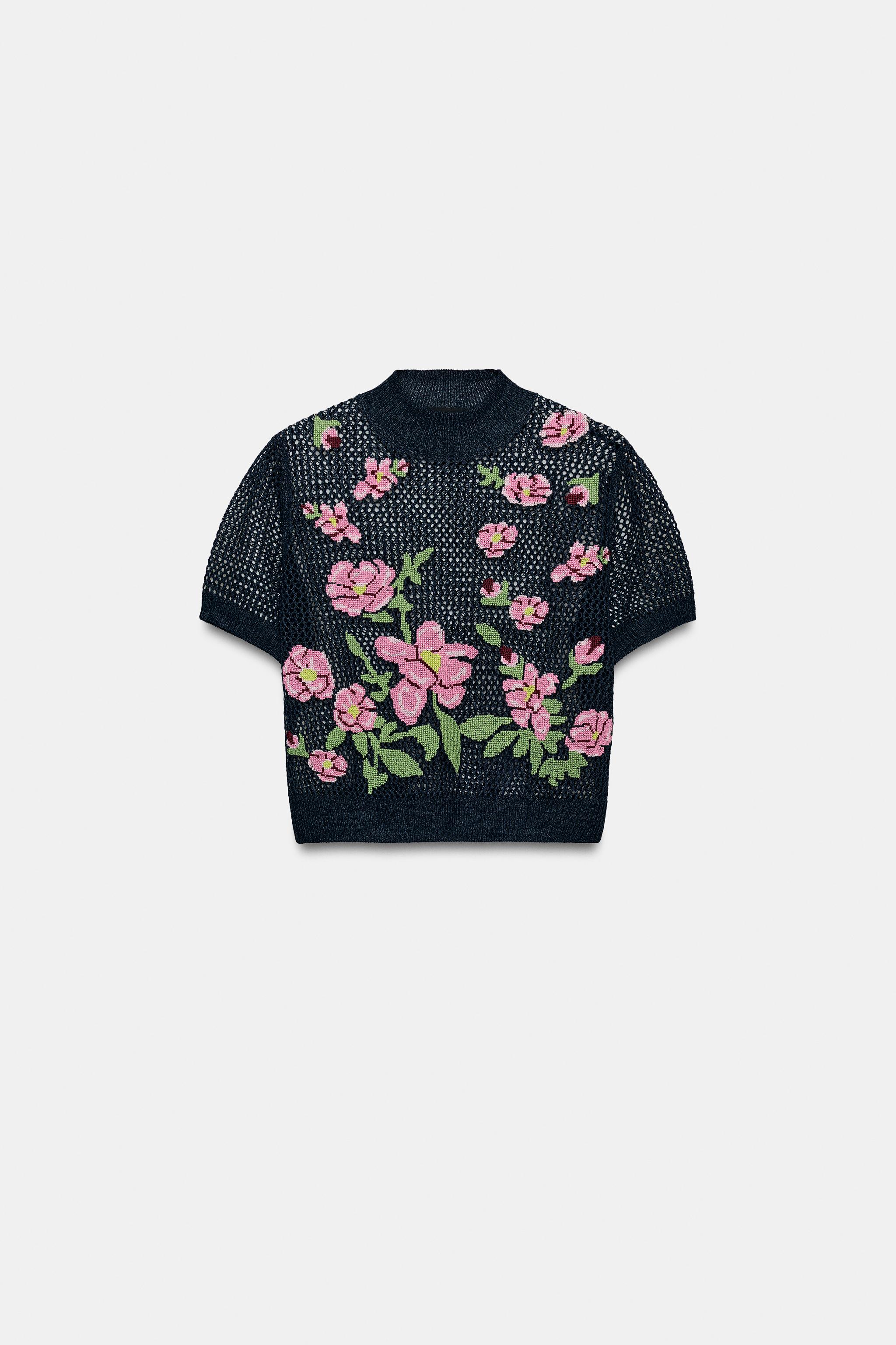 新品 ZARA フラワークロシェ ニットトップス Sサイズ クロシェ編みフラワーニットトップス - ブルー | ZARA Japan / 日本