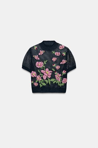 KNIT TOP WITH FLORAL EMBROIDERY - Blue by Zara - Image 5
