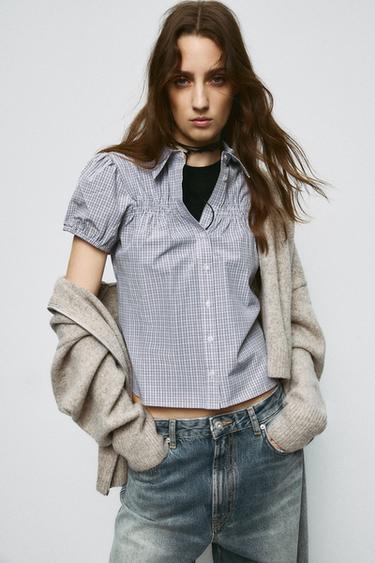 Zara CHECKED ELASTIC POPLIN SHIRT - Brown-Blue