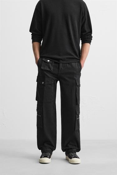 Zara POCKET DENIM CARGO PANTS - Black