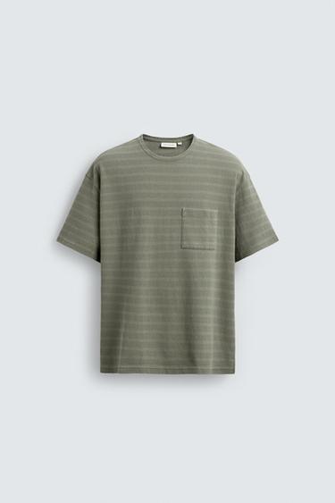 JACQUARD STRIPED T-SHIRT WITH POCKET - Beige / Green by Zara