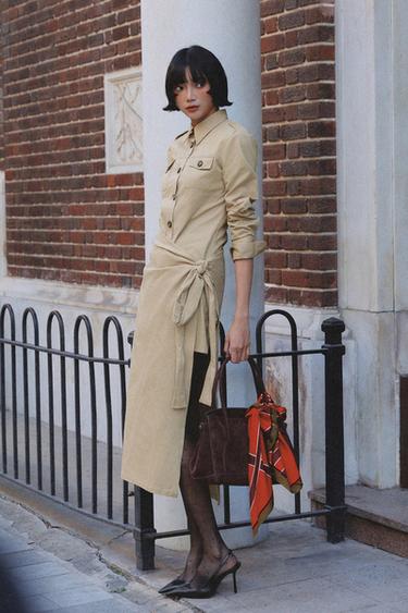 Zara 斜紋布飾袢中長版連身裙 - 沙色