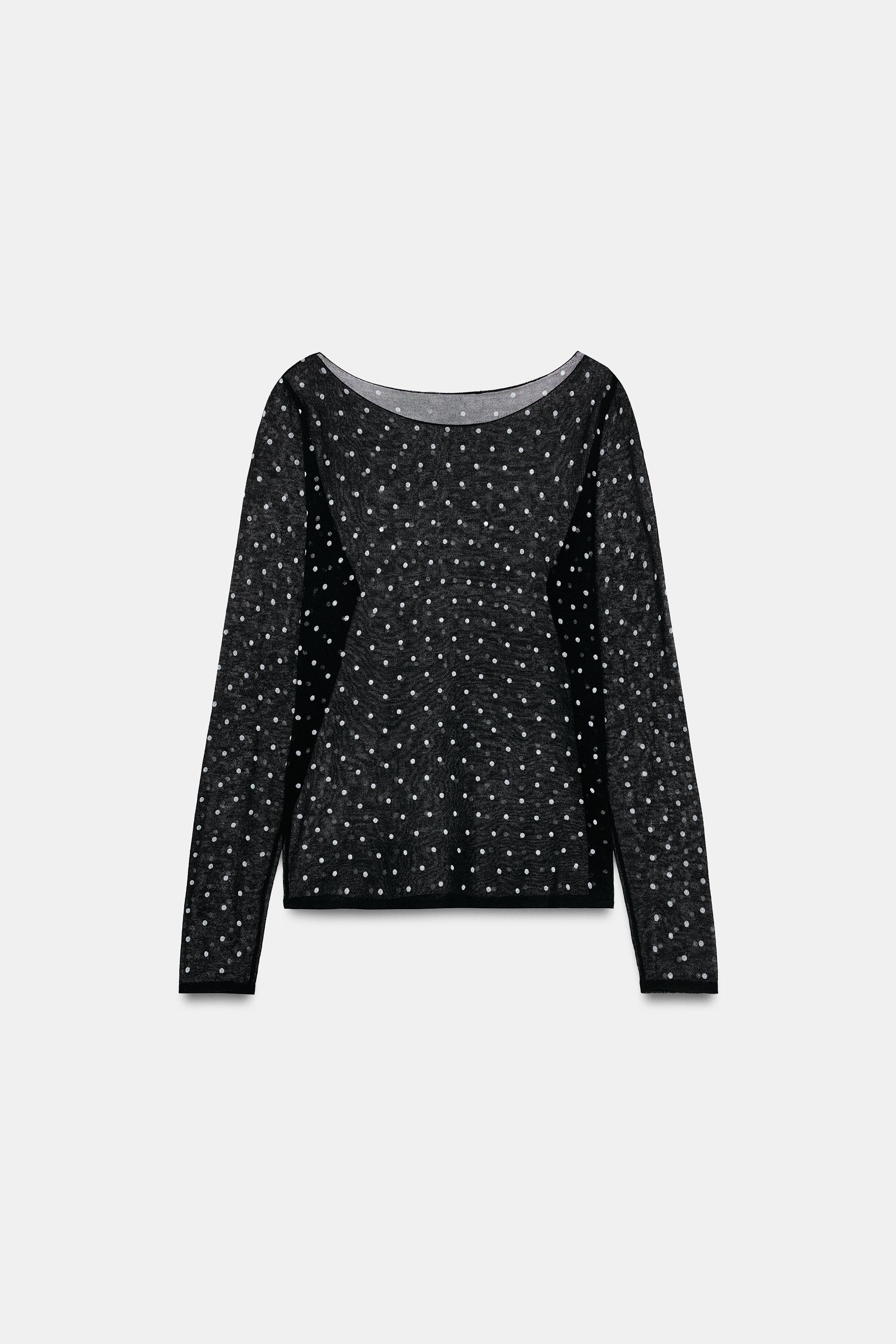 SEMI-SHEER KNIT DOT TOP — Black