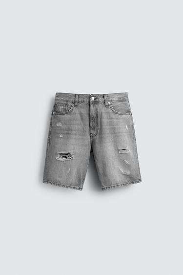 Zara RIPPED DENIM SHORTS - Gray