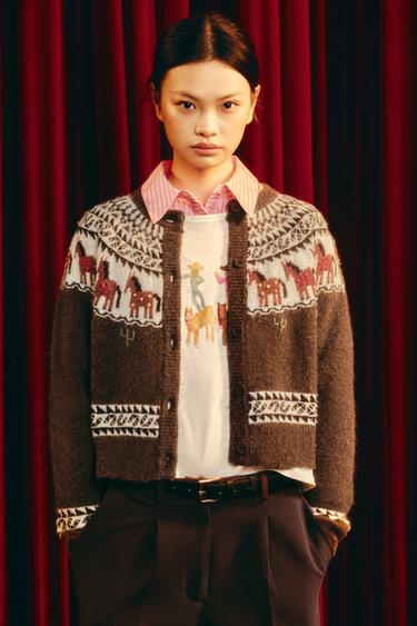 Zara 提花針織開襟衫 - 棕色