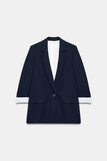 BLAZER MIT ÄRMELN ZUM KREMPELN UND GEMUSTERTER MANCHETTE - Marineblau von Zara