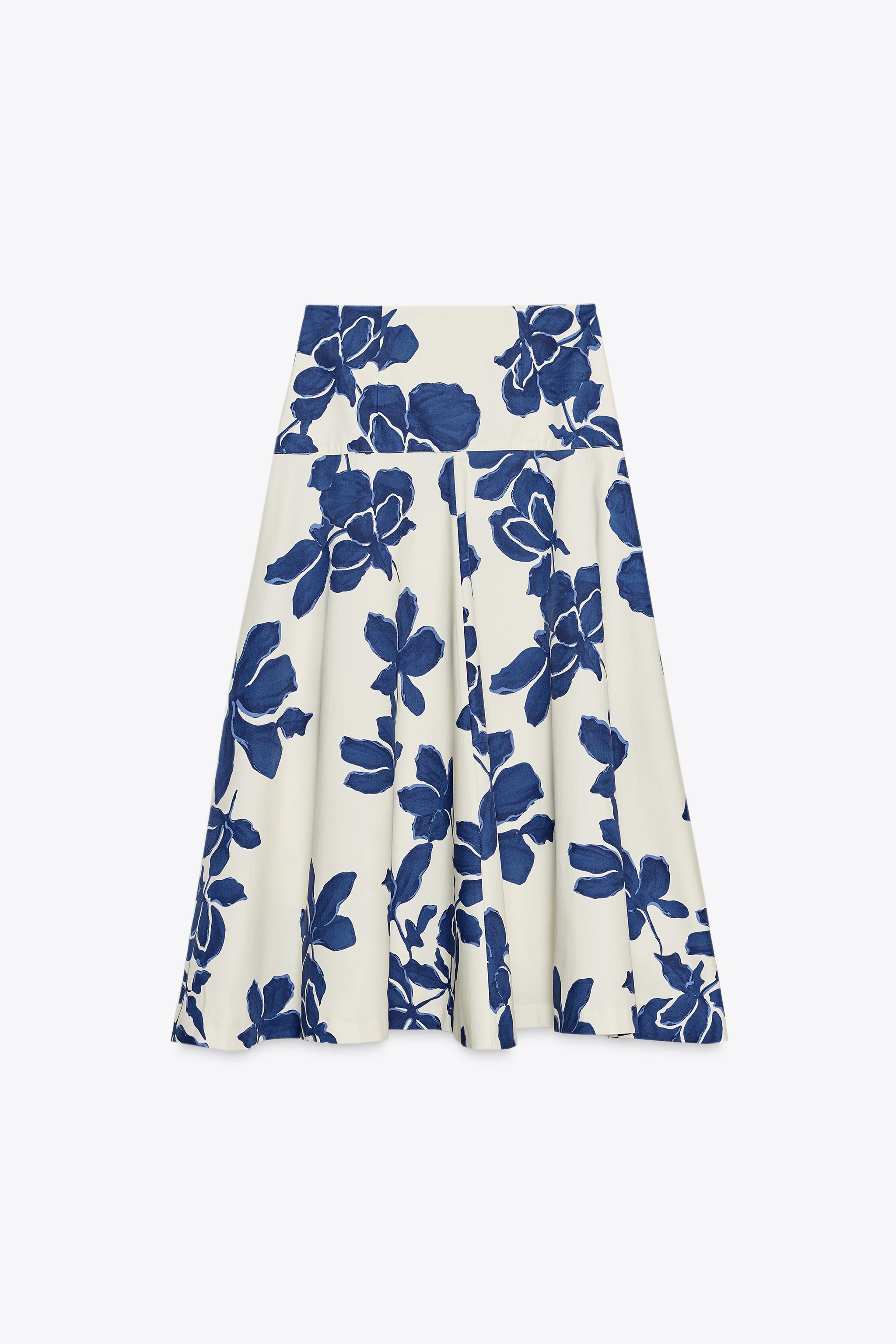 ZW COLLECTION FLORAL MIDI SKIRT - Ecru / Blue | ZARA United