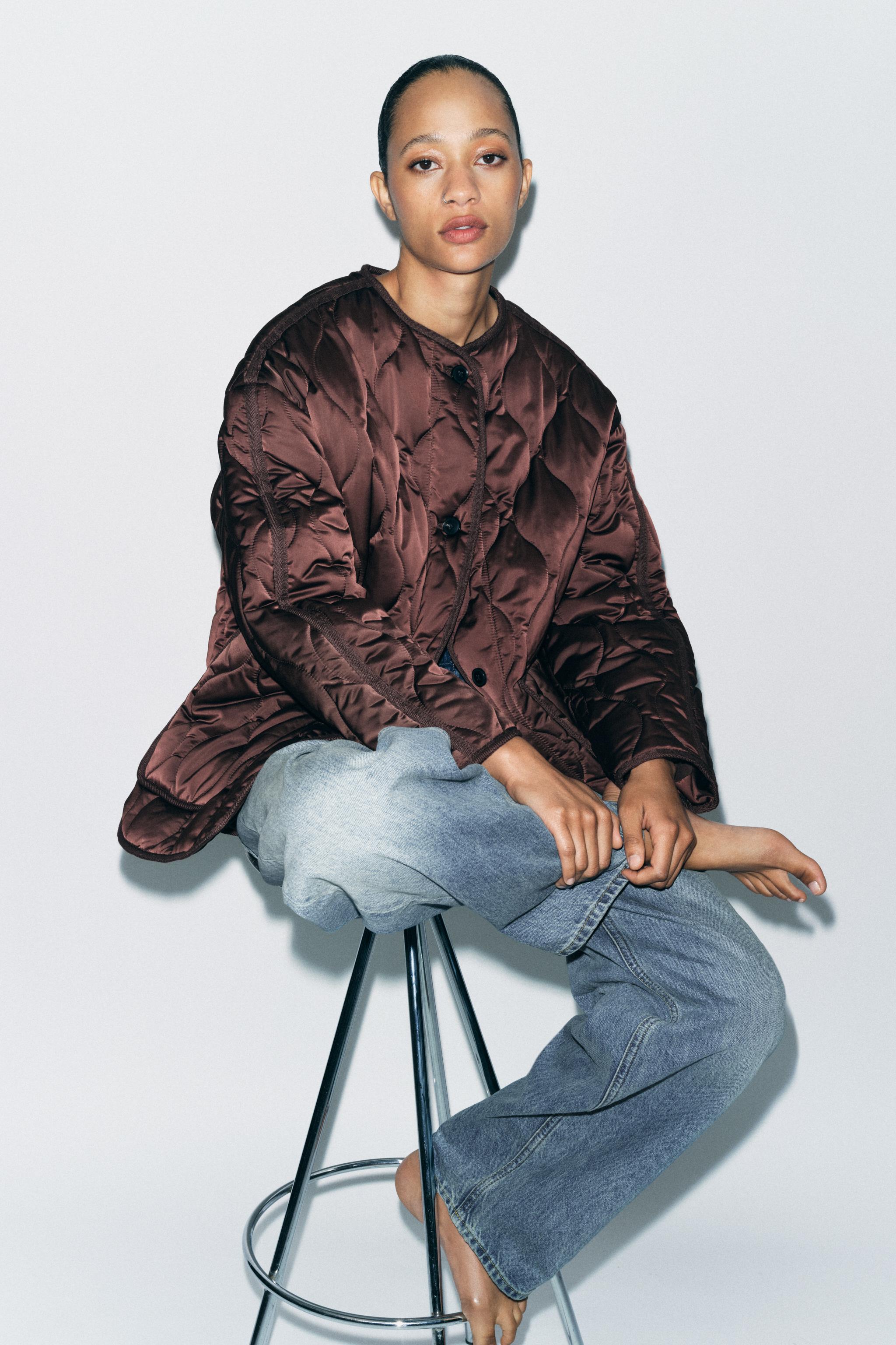 サテン仕上げ パフジャケット ZW COLLECTION - ブラウン | ZARA Japan / 日本