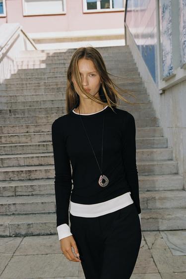Zara 雙重撞色 T 恤 - 黑色