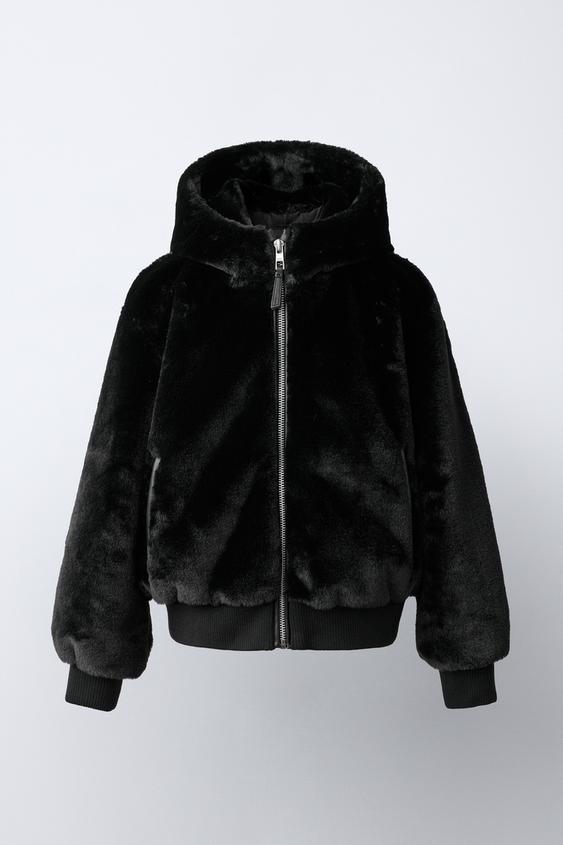 Zara FAUX FUR HOODIE JACKET - Black - Image 0