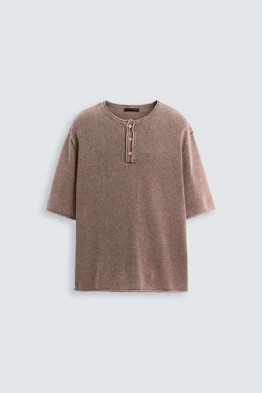 Zara WASHED KNIT BUTTON-UP T-SHIRT - Chalk pink
