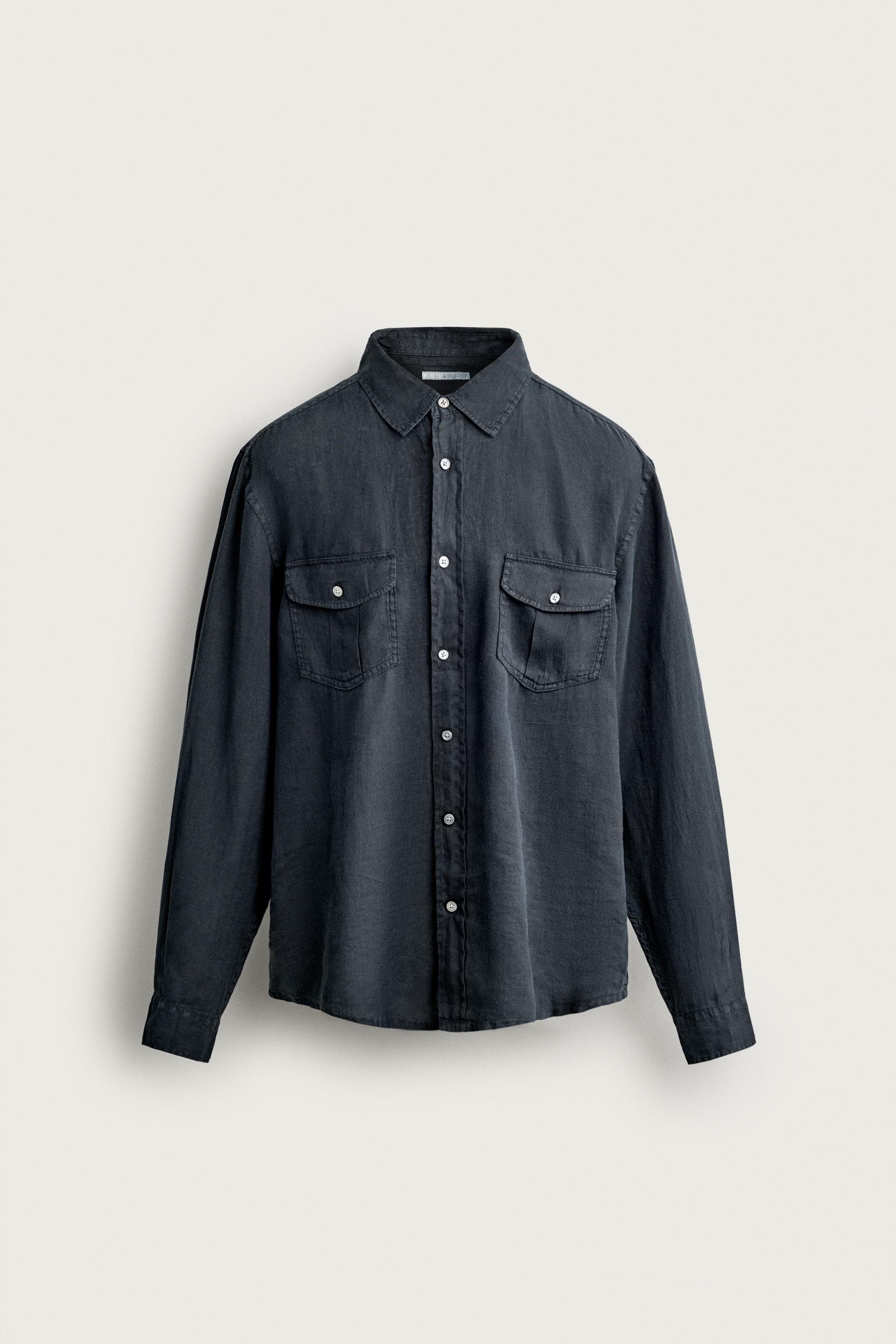 100% LINEN RELAXED FIT SHIRT — Navy blue