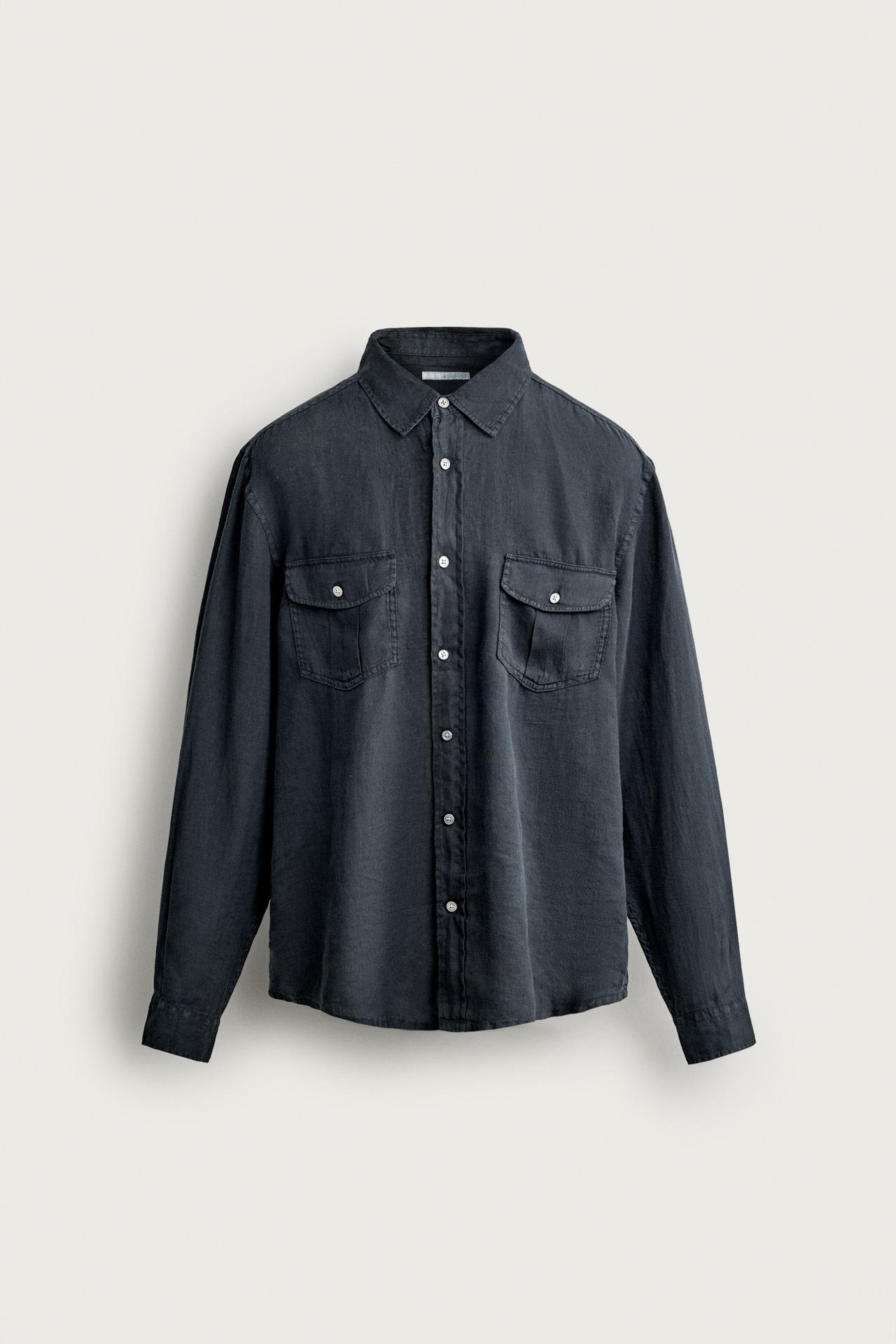 100% LINEN RELAXED FIT SHIRT — Navy blue