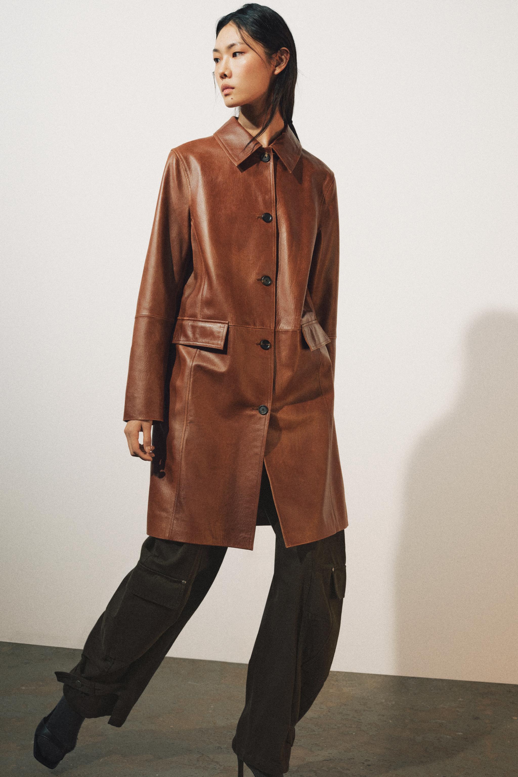Zw Collection 100% Leather Midi Coat by Zara