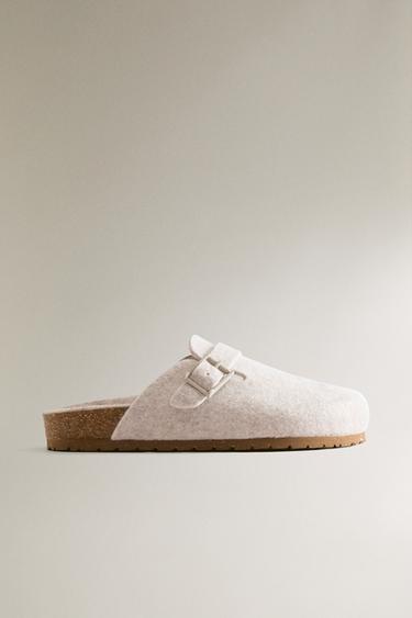 BUCKLED FELT MULE CLOG SLIPPERS - Beige by Zara