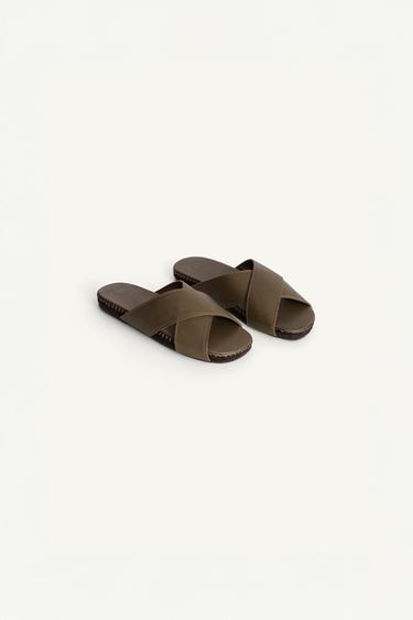 LEATHER CROSSOVER SANDALS - Green by Zara