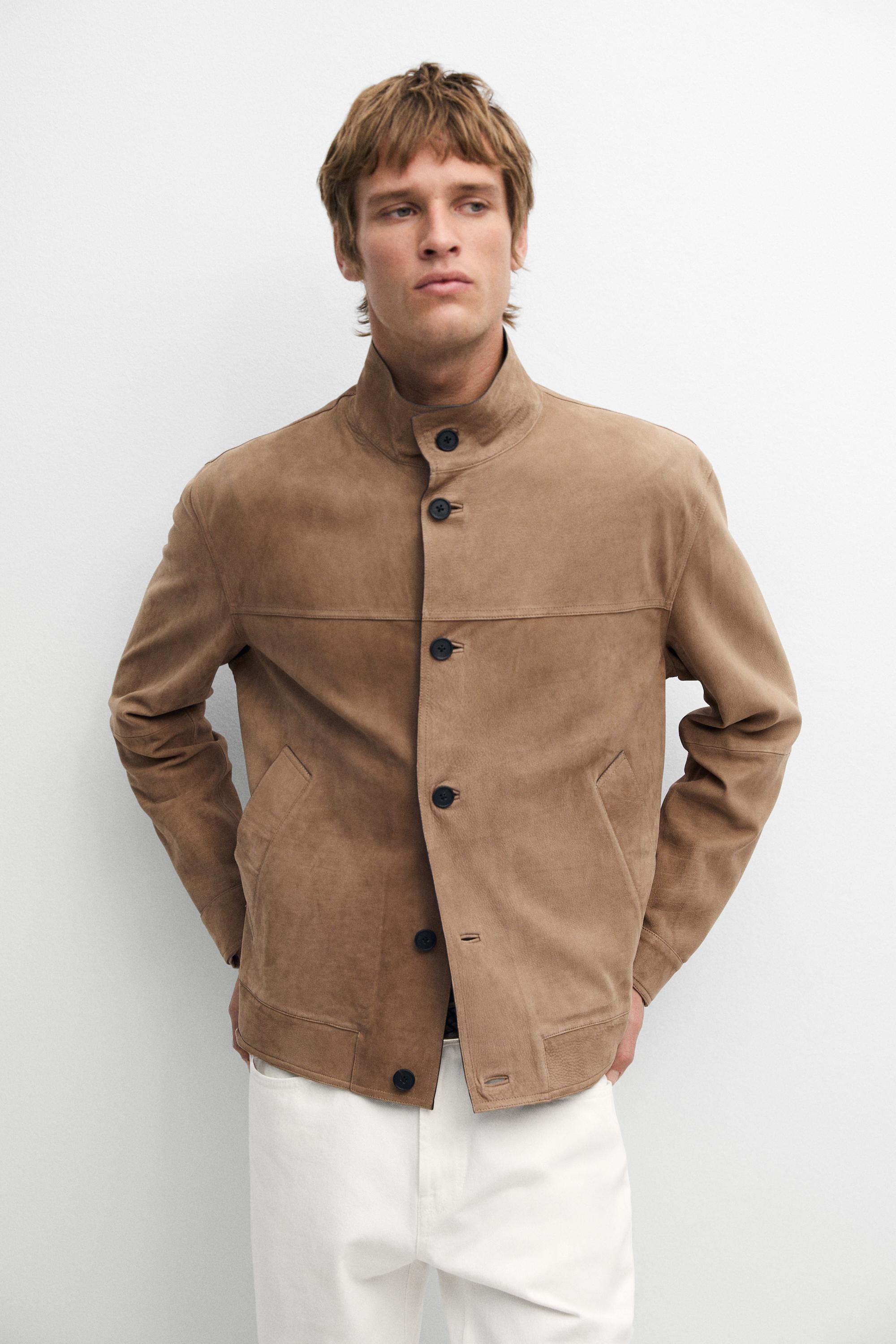 Veste en cuir nubuck à col officier