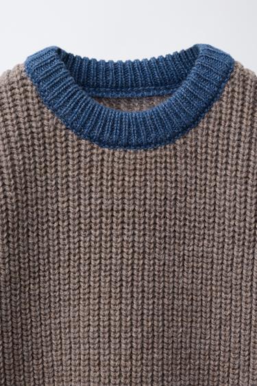 Zara CONTRAST TRIM CHUNKY KNIT SWEATER - Brown