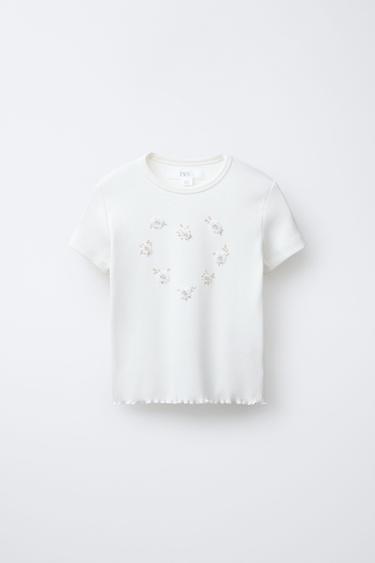RIBBED T-SHIRT WITH BEADED FLOWERS - Oyster-white by Zara