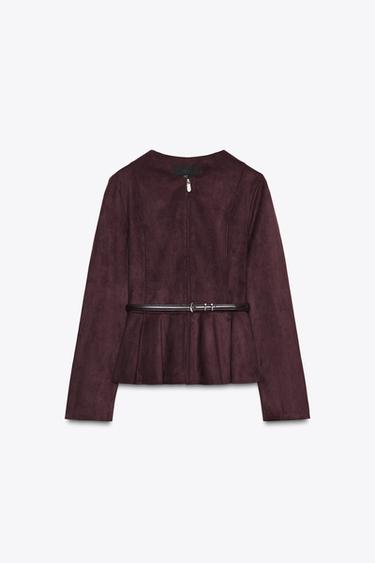 Zara FAUX SUEDE BELTED PEPLUM JACKET - Burgundy - Image 0