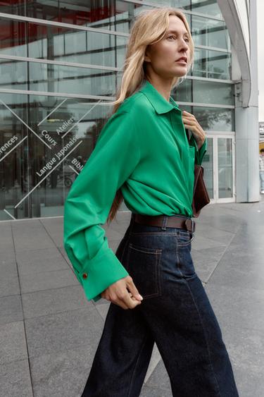 SATIN SHIRT WITH POCKET - Green by Zara