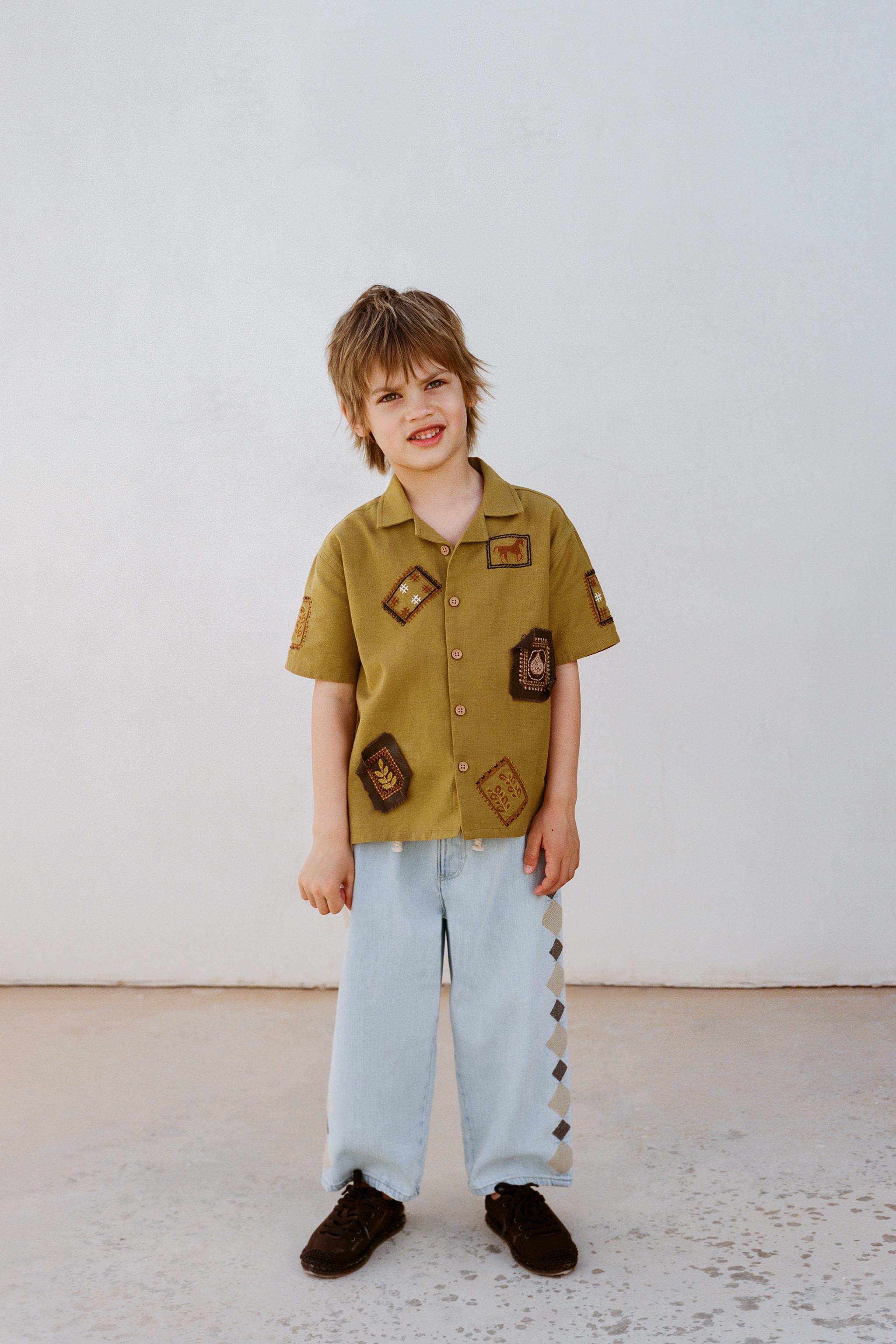 COTTON LINEN BLEND BOWLING SHIRT WITH PATCHES