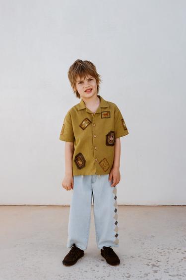 COTTON AND LINEN BOWLING SHIRT WITH PATCHES - Olive green by Zara