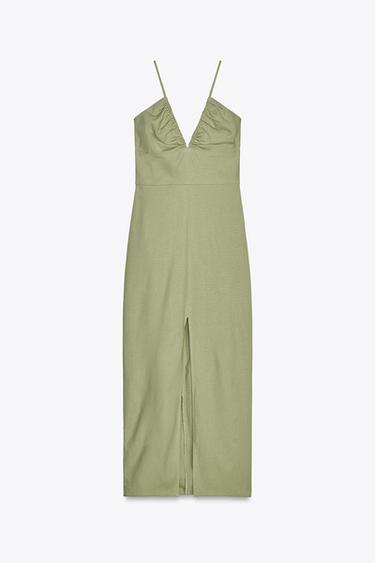 Zara MIDI DRESS WITH LINEN - Light khaki