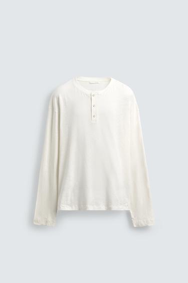 CAMISETA CUELLO PANADERO ALGODÓN - LINO - Blanco roto de Zara