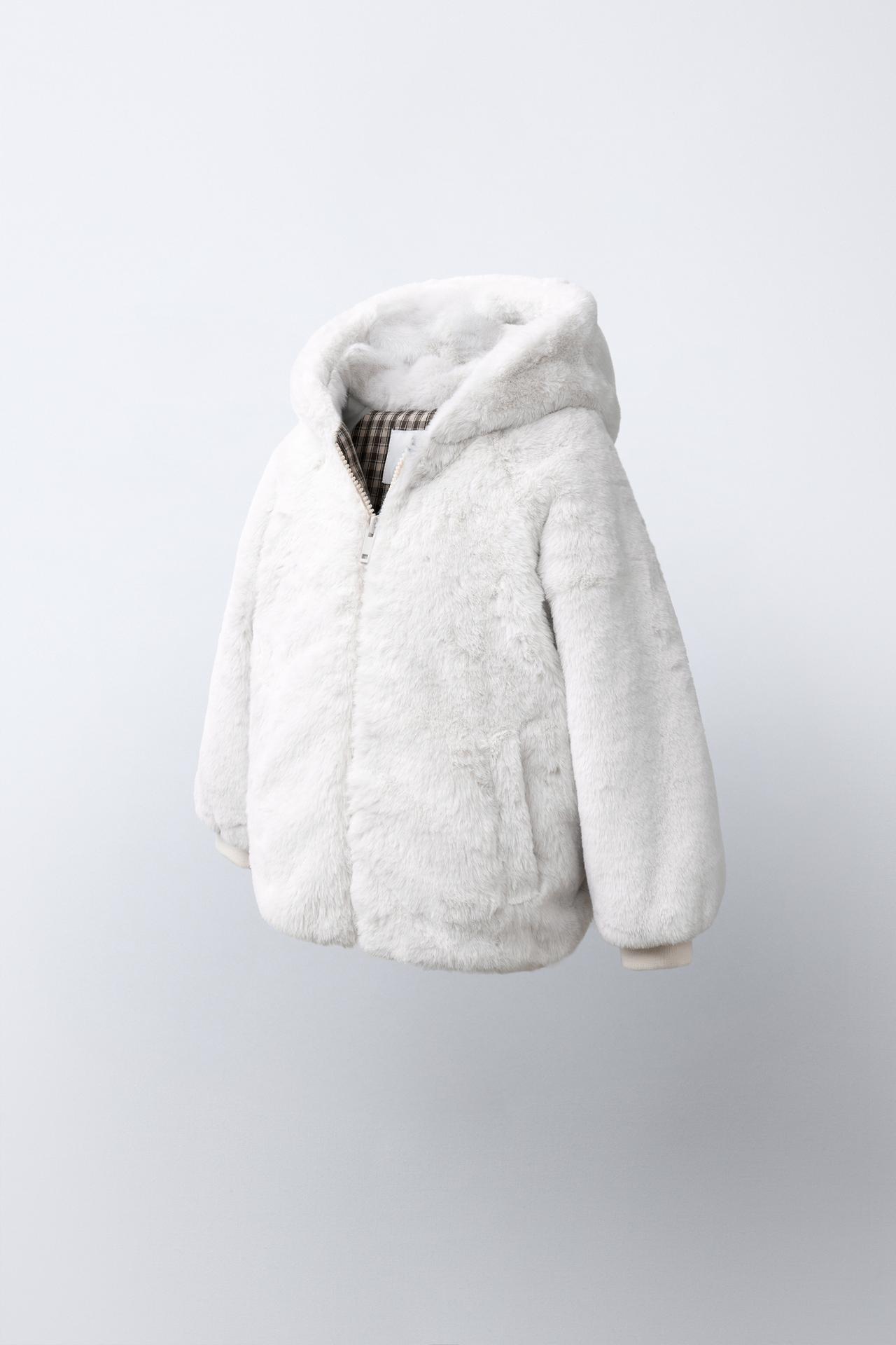 FAUX FUR HOODIE JACKET — Ecru