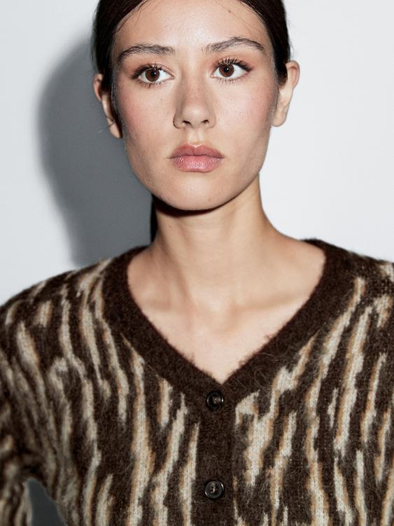 Alpaca wool blend animal print cardigan