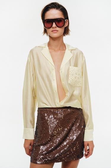 CHEMISE BRODÉE À POCHE ZW COLLECTION - Jaune de Zara