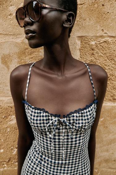 FITTED GINGHAM MIDI DRESS - Ecru / Blue by Zara - Image 3