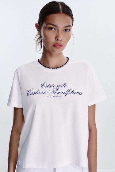 CHUNKY KNIT COLLAR SLOGAN T-SHIRT - Blue/White by Zara