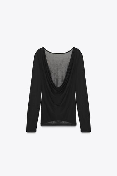 SEMI-SHEER T-SHIRT WITH DRAPED BACK - Black by Zara - Image 4