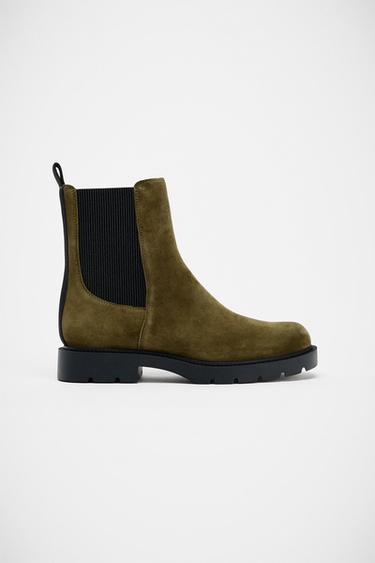 Zara SUEDE LOW HEEL ANKLE BOOTS - Green